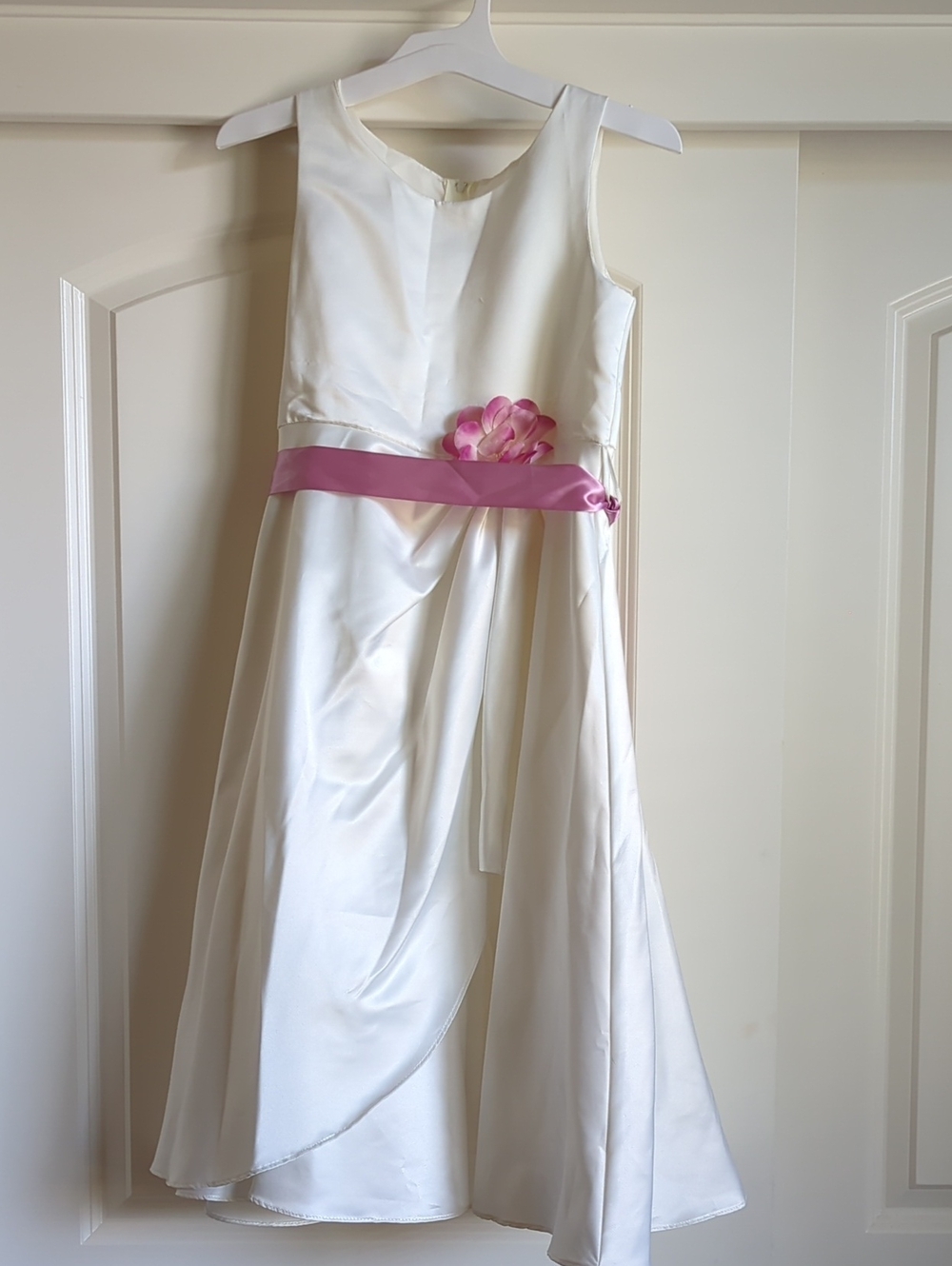 Cinderella Ivory Satin Flower-Accent Dress with Pink Sash